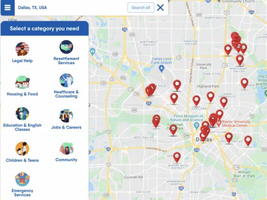 FindHello app interface showing in-person resources to help refugees and immigrants